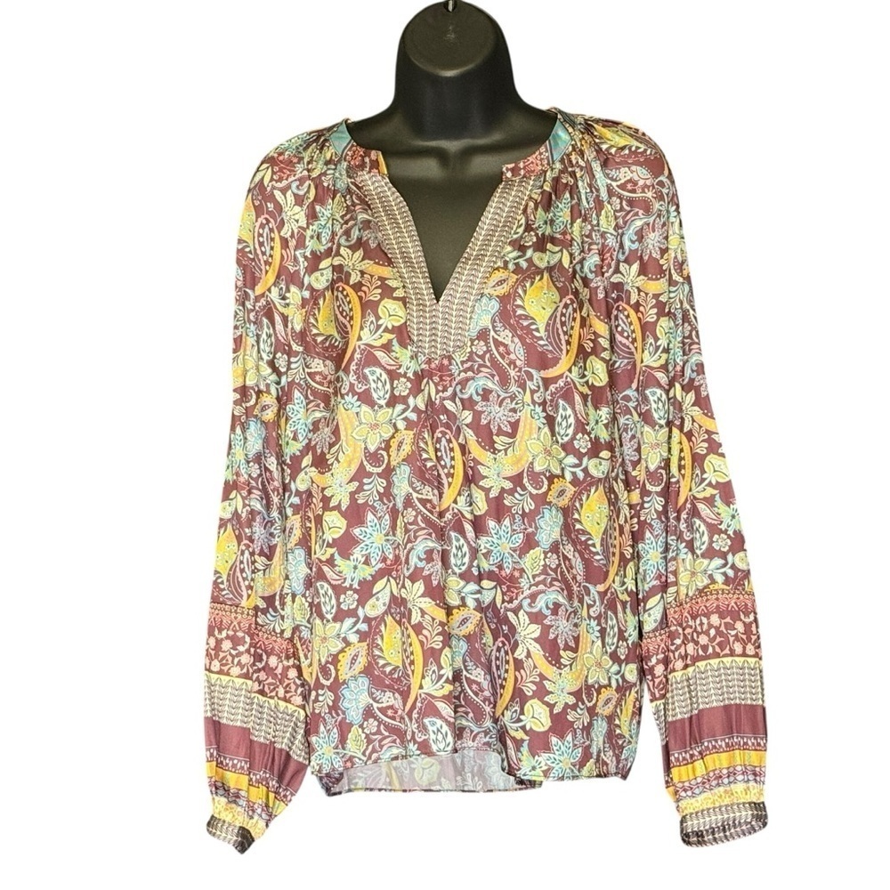 NEW Avara Puff Sleeve V Neck Blouse Pullover Purple Floral Boho Womens Size XS